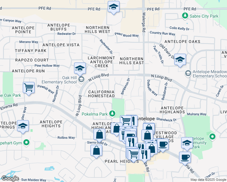 map of restaurants, bars, coffee shops, grocery stores, and more near 8234 Lonely Hill Way in Antelope
