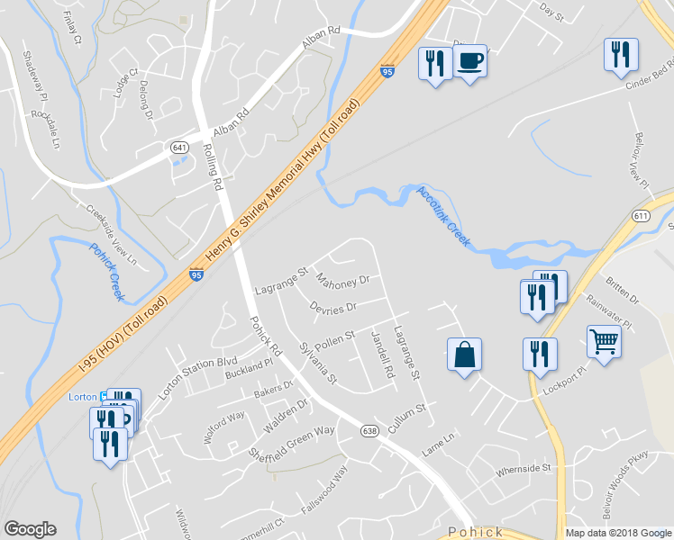 map of restaurants, bars, coffee shops, grocery stores, and more near 7607 Mccloud Court in Lorton