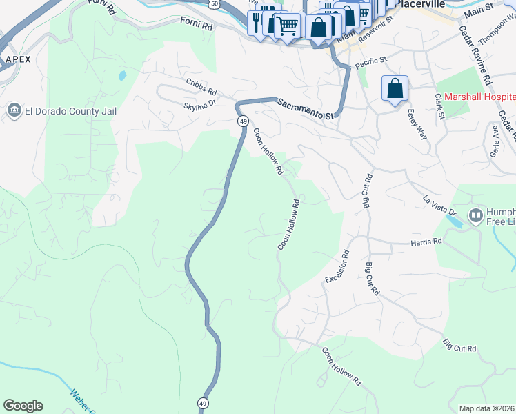 map of restaurants, bars, coffee shops, grocery stores, and more near 3458 Coon Hollow Road in Placerville
