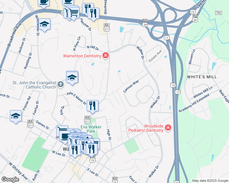 map of restaurants, bars, coffee shops, grocery stores, and more near 280 Alexandria Pike in Warrenton