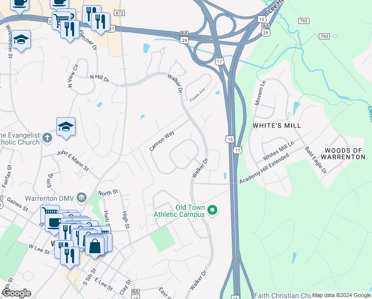 map of restaurants, bars, coffee shops, grocery stores, and more near 77 John Court in Warrenton