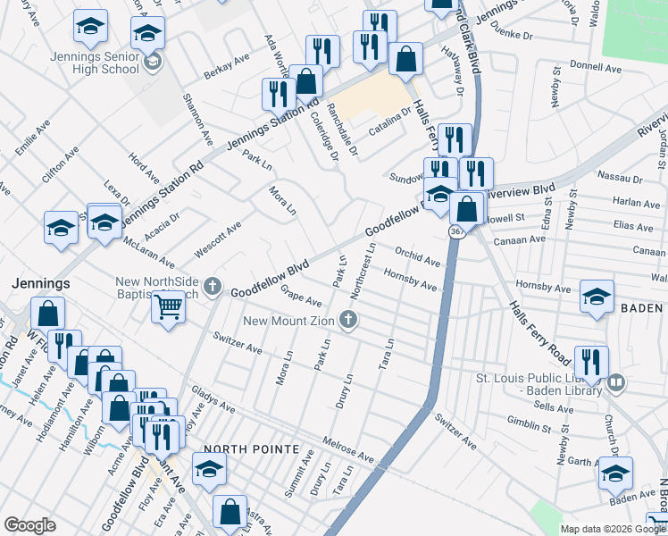 map of restaurants, bars, coffee shops, grocery stores, and more near 8819 Park Lane in St. Louis