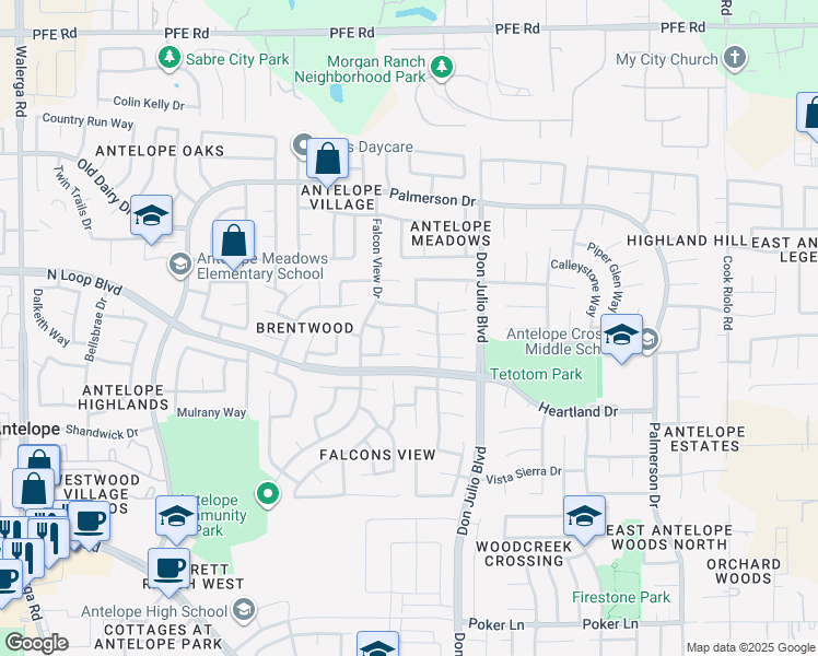 map of restaurants, bars, coffee shops, grocery stores, and more near 8222 Fountainarbor Way in Antelope