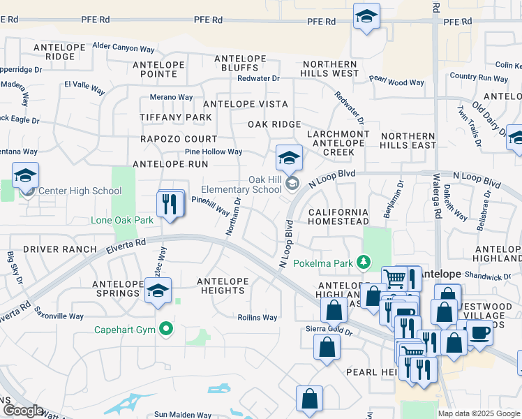 map of restaurants, bars, coffee shops, grocery stores, and more near 8301 Brixham Court in Antelope