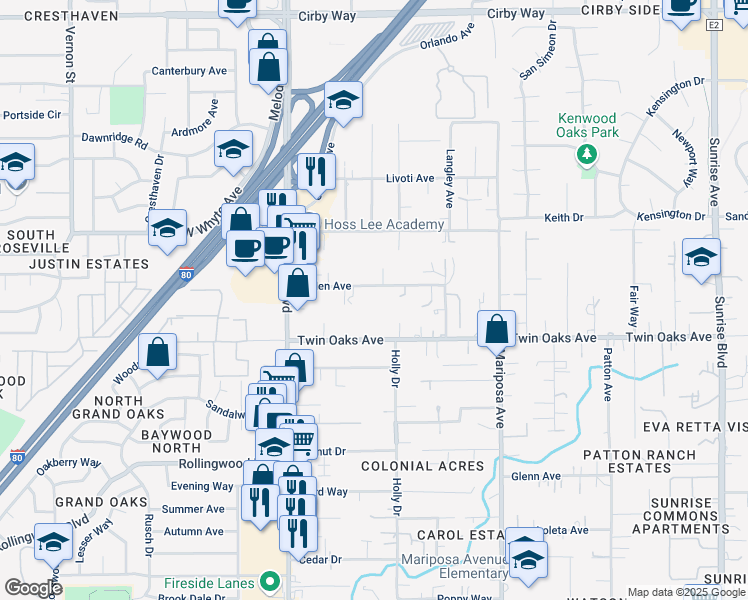 map of restaurants, bars, coffee shops, grocery stores, and more near 7584 Linden Avenue in Citrus Heights