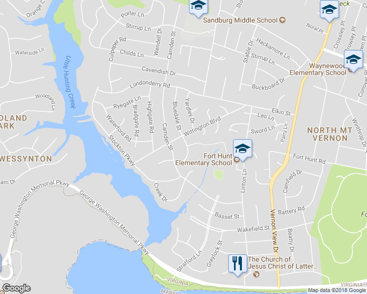 map of restaurants, bars, coffee shops, grocery stores, and more near 8716 Bluedale Street in Alexandria