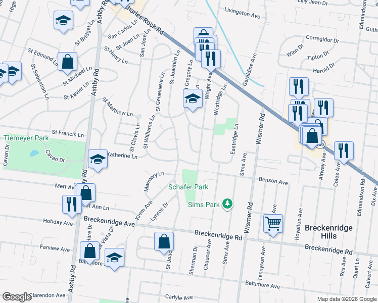 map of restaurants, bars, coffee shops, grocery stores, and more near 10115 Saint Katherine Lane in Saint Ann