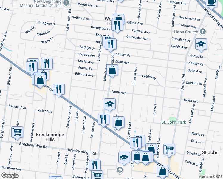 map of restaurants, bars, coffee shops, grocery stores, and more near 9229 North Avenue in St. Louis