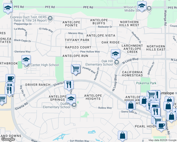 map of restaurants, bars, coffee shops, grocery stores, and more near 8235 Bluehaven Court in Antelope