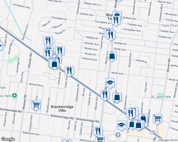 map of restaurants, bars, coffee shops, grocery stores, and more near 3536 Joel Court in St. Louis