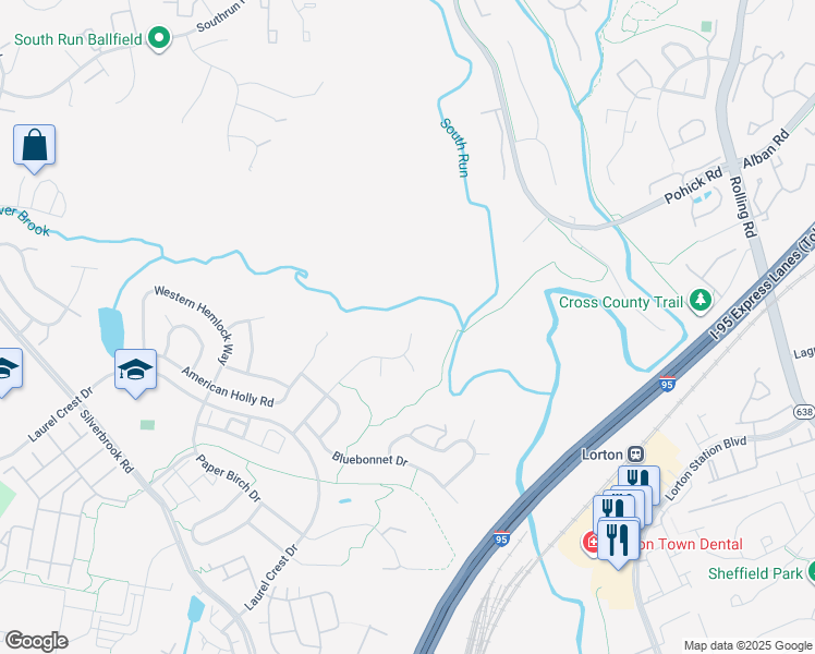 map of restaurants, bars, coffee shops, grocery stores, and more near 8700 Bitterroot Court in Lorton