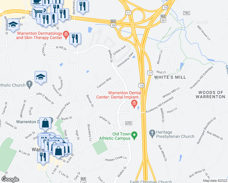 map of restaurants, bars, coffee shops, grocery stores, and more near 77 John Court in Warrenton
