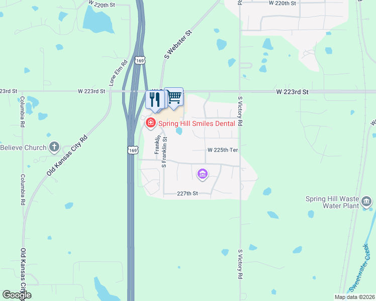 map of restaurants, bars, coffee shops, grocery stores, and more near 21035 West 225th Street in Spring Hill