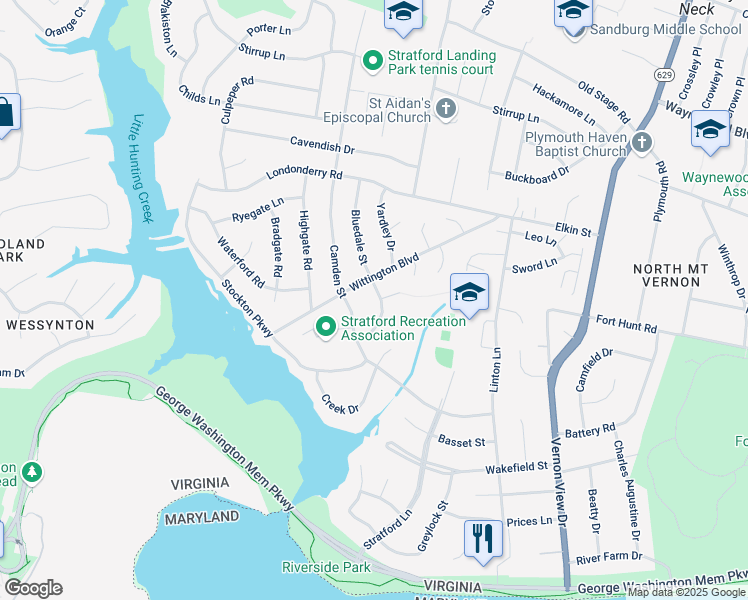 map of restaurants, bars, coffee shops, grocery stores, and more near 8716 Bluedale Street in Alexandria