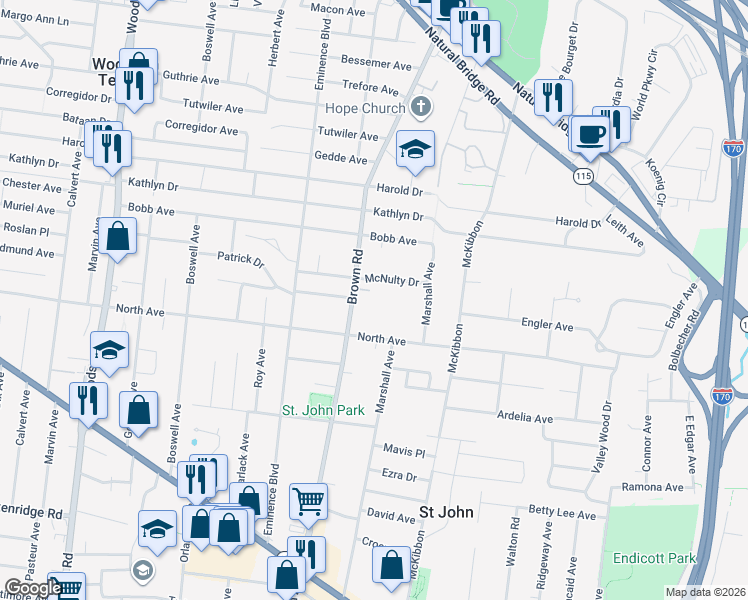 map of restaurants, bars, coffee shops, grocery stores, and more near 3604 Brown Road in St. Louis