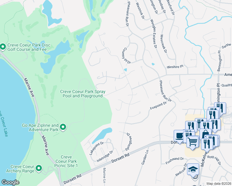 map of restaurants, bars, coffee shops, grocery stores, and more near 12237 Rain Hollow Drive in Maryland Heights
