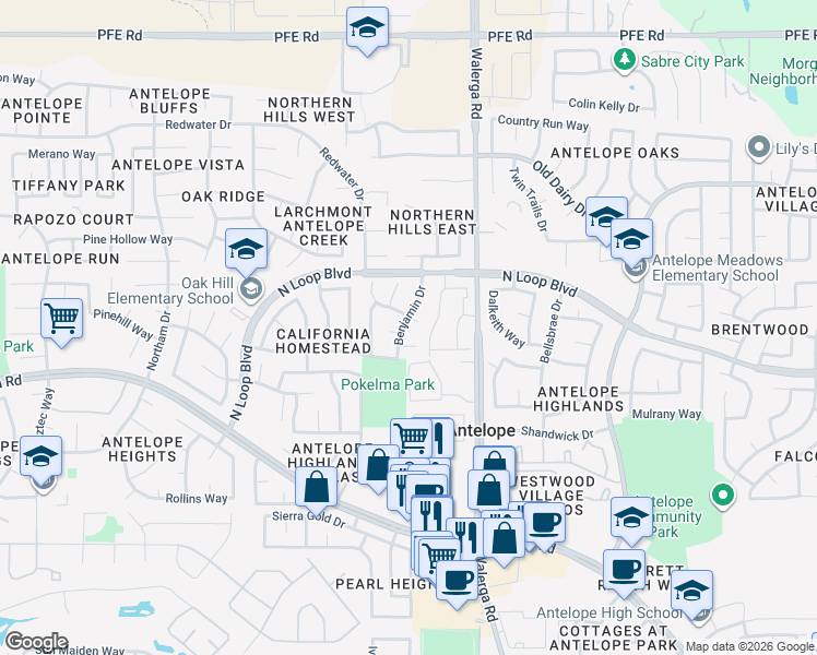 map of restaurants, bars, coffee shops, grocery stores, and more near 4124 Pebble Oaks Court in Antelope