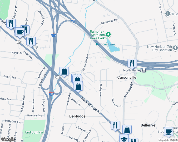 map of restaurants, bars, coffee shops, grocery stores, and more near 9116 Bel Cour Drive in St. Louis