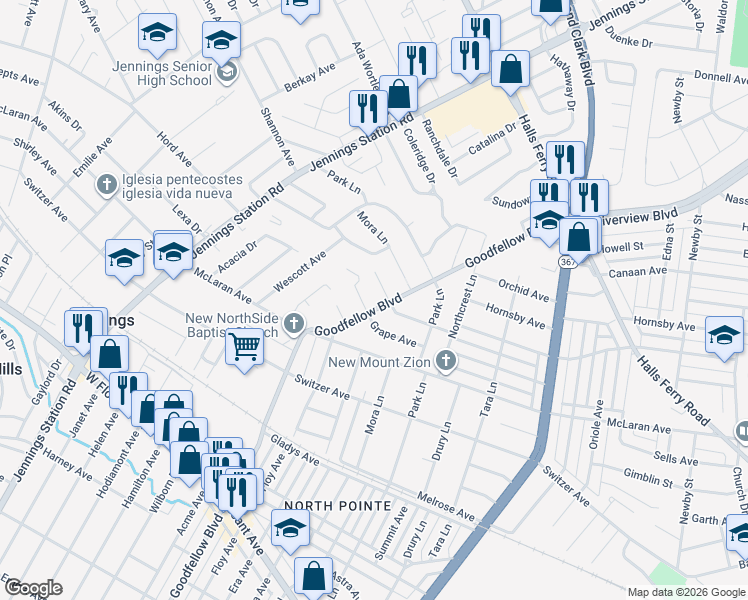 map of restaurants, bars, coffee shops, grocery stores, and more near 8777 Goodfellow Boulevard in St. Louis