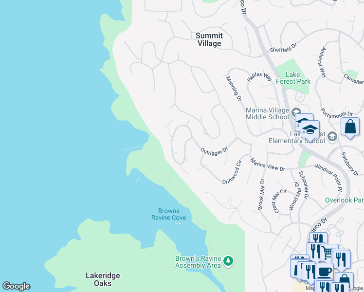 map of restaurants, bars, coffee shops, grocery stores, and more near 2249 Outrigger Drive in El Dorado Hills