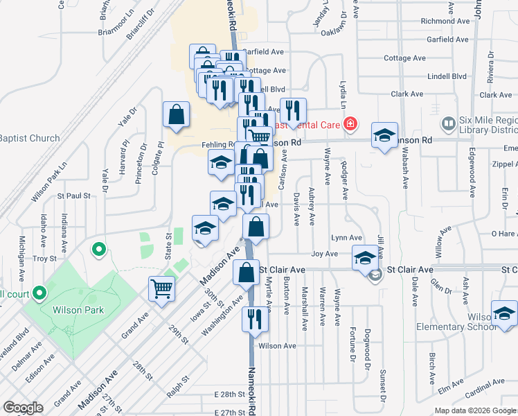 map of restaurants, bars, coffee shops, grocery stores, and more near 3157 Myrtle Avenue in Granite City