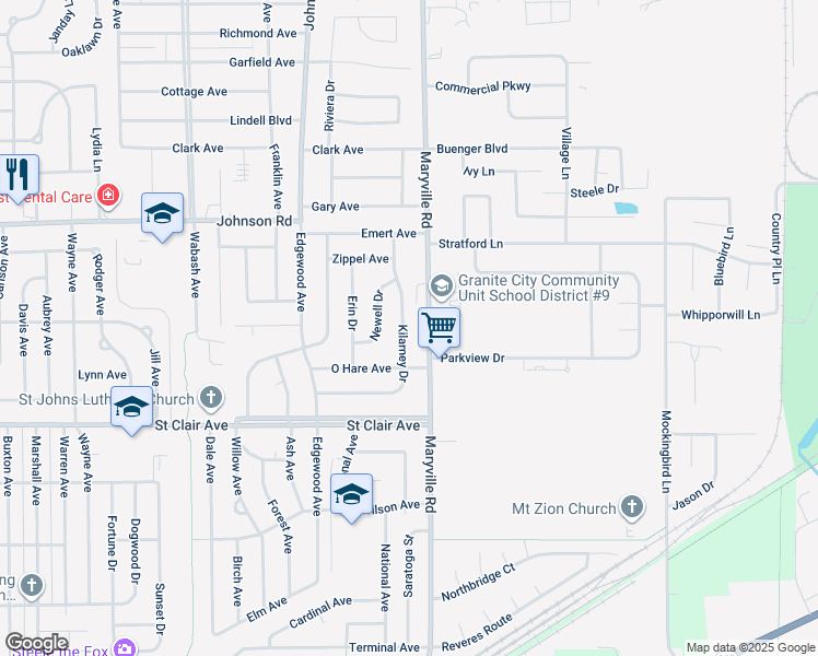 map of restaurants, bars, coffee shops, grocery stores, and more near 3211 Kilarney Drive in Granite City