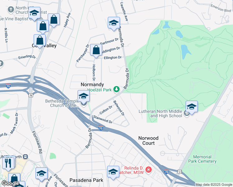 map of restaurants, bars, coffee shops, grocery stores, and more near 5408 Bermuda Drive in St. Louis