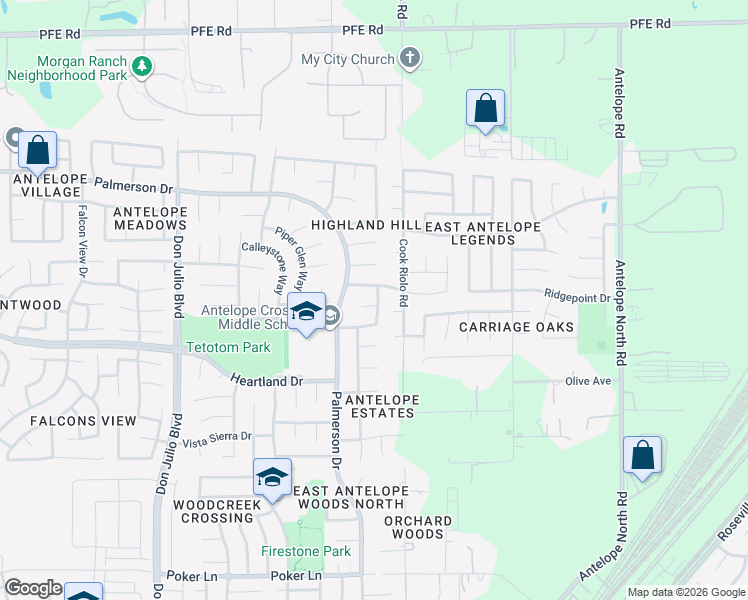 map of restaurants, bars, coffee shops, grocery stores, and more near 5416 Snow Spring Place in Antelope