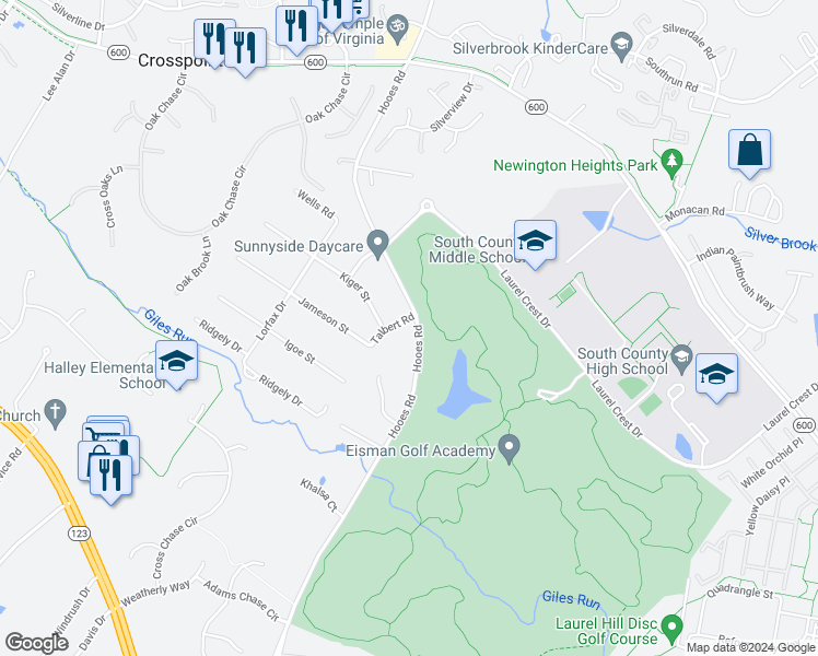 map of restaurants, bars, coffee shops, grocery stores, and more near 8801 Talbert Road in Lorton