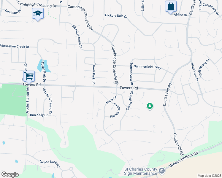 map of restaurants, bars, coffee shops, grocery stores, and more near 36 Sonoma Court in Saint Charles