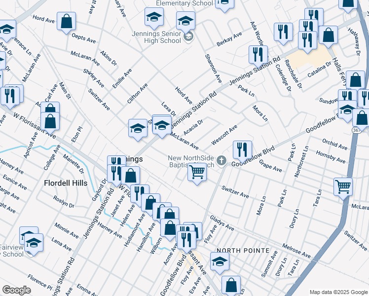 map of restaurants, bars, coffee shops, grocery stores, and more near 2018 McLaran Avenue in Jennings