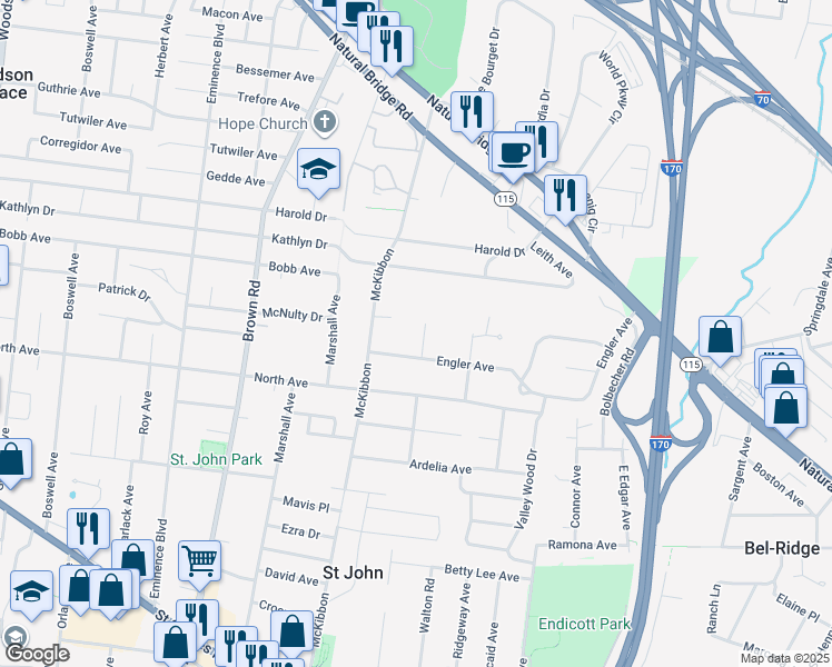 map of restaurants, bars, coffee shops, grocery stores, and more near 8651 Engler Avenue in St. Louis
