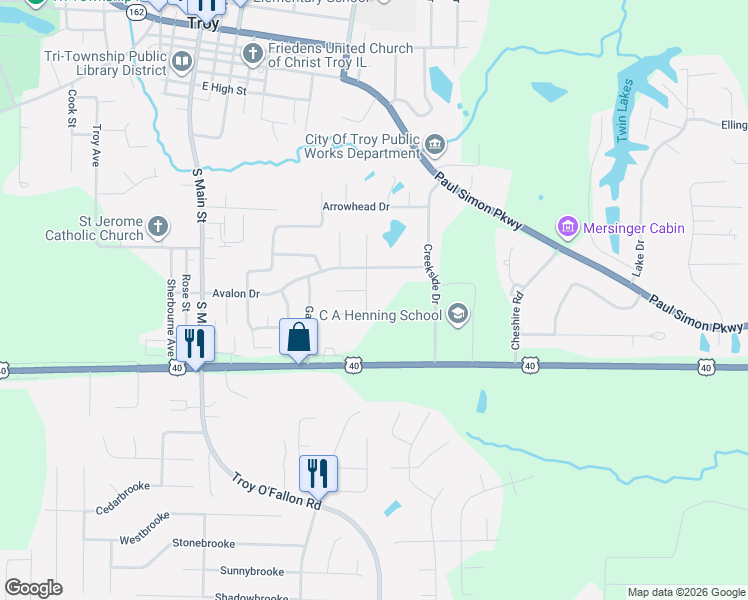 map of restaurants, bars, coffee shops, grocery stores, and more near 728 Sundance Trail in Troy