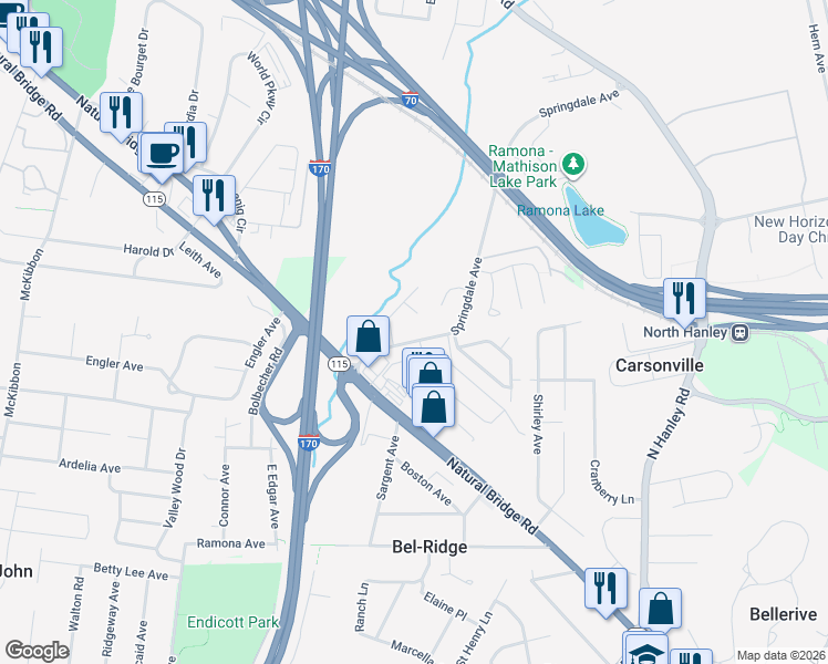 map of restaurants, bars, coffee shops, grocery stores, and more near 4323 Springdale Avenue in St. Louis