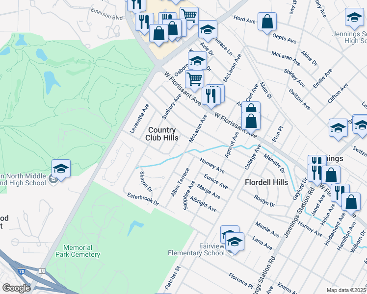 map of restaurants, bars, coffee shops, grocery stores, and more near 7407 Victory Court in St. Louis