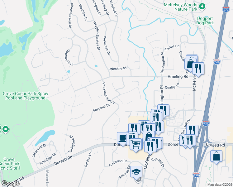 map of restaurants, bars, coffee shops, grocery stores, and more near 12078 Foxpoint Drive in Maryland Heights