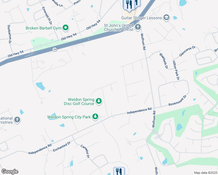 map of restaurants, bars, coffee shops, grocery stores, and more near 840 Nancy Lane in Weldon Spring