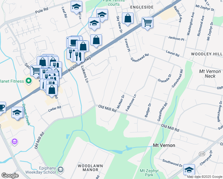 map of restaurants, bars, coffee shops, grocery stores, and more near 8732 Oak Leaf Drive in Alexandria