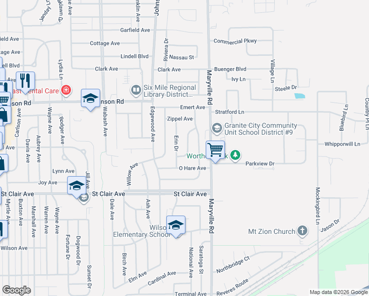 map of restaurants, bars, coffee shops, grocery stores, and more near 3208 Erin Drive in Granite City