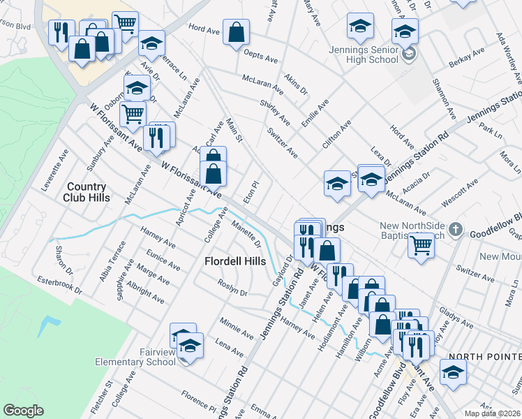map of restaurants, bars, coffee shops, grocery stores, and more near 7105 West Florissant Avenue in Jennings