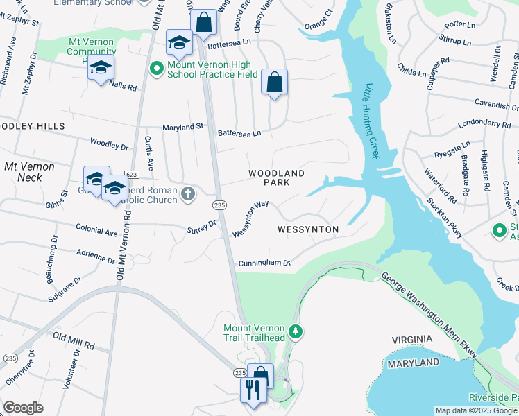 map of restaurants, bars, coffee shops, grocery stores, and more near 3301 Wessynton Way in Alexandria