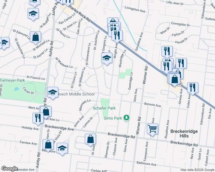 map of restaurants, bars, coffee shops, grocery stores, and more near 10115 Saint Katherine Lane in Saint Ann