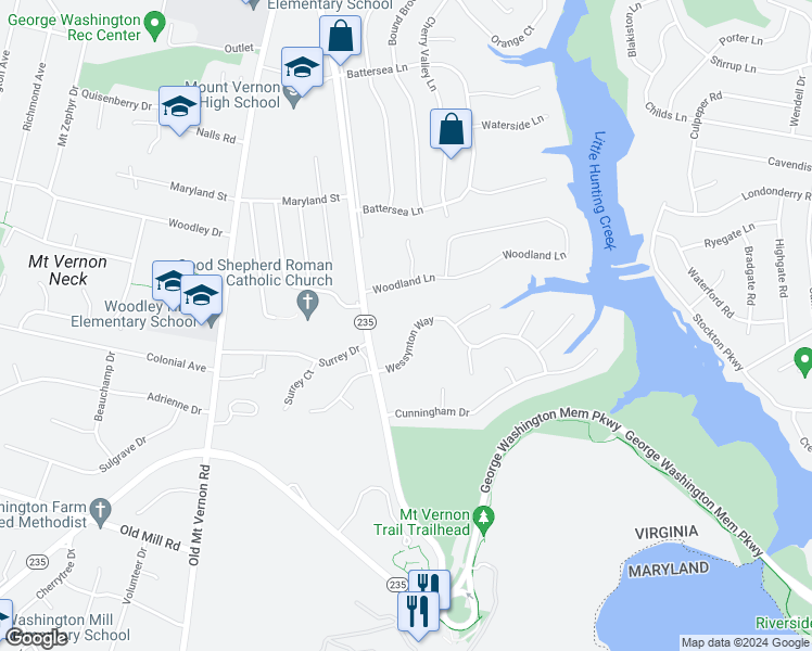 map of restaurants, bars, coffee shops, grocery stores, and more near 3308 Wessynton Way in Alexandria
