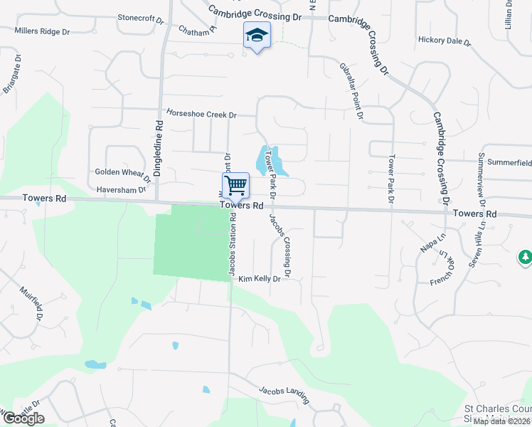 map of restaurants, bars, coffee shops, grocery stores, and more near 564 Leslie Mitch Court in Saint Charles