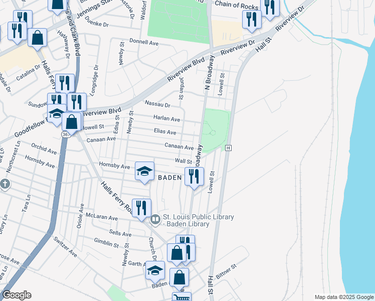 map of restaurants, bars, coffee shops, grocery stores, and more near 8607 North Broadway in St. Louis