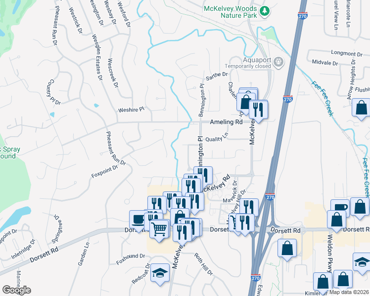 map of restaurants, bars, coffee shops, grocery stores, and more near 12035 Quality Lane in Maryland Heights