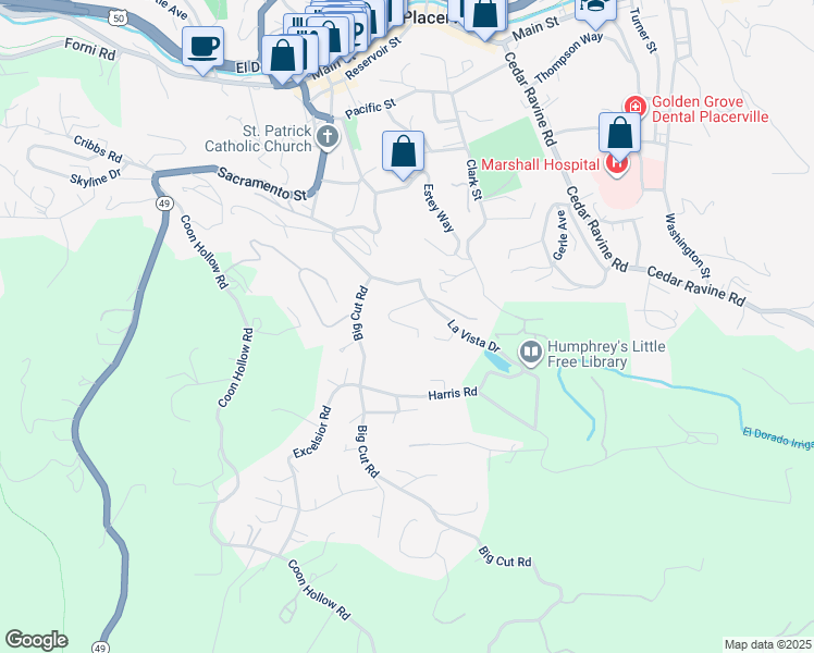map of restaurants, bars, coffee shops, grocery stores, and more near 3409 Pardi Way in Placerville