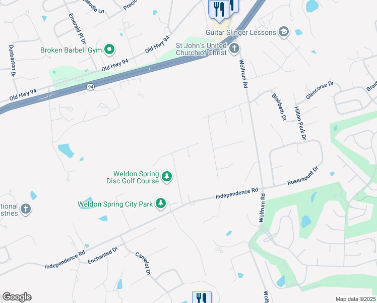 map of restaurants, bars, coffee shops, grocery stores, and more near 840 Nancy Lane in Weldon Spring