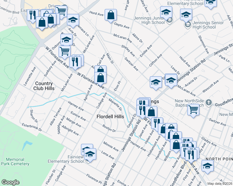 map of restaurants, bars, coffee shops, grocery stores, and more near 7157 Manette Drive in St. Louis