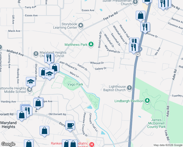 map of restaurants, bars, coffee shops, grocery stores, and more near 11027 Saturn Drive in Maryland Heights
